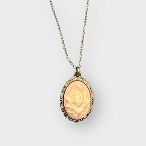 Pink Ivory Gold Dainty Rose Cameo Necklace - Romantic Coquette